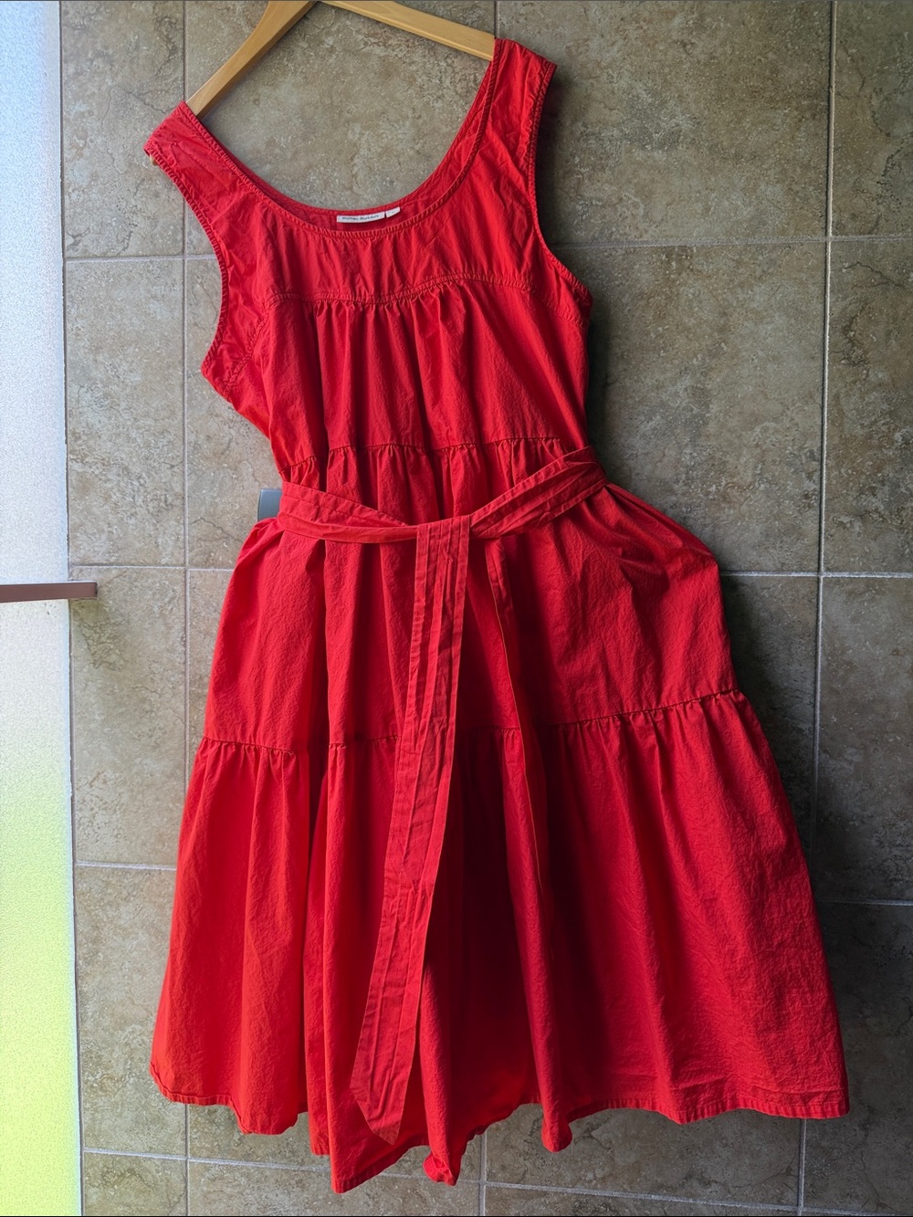 Roller Rabbit Coley Tiered Belted Midi Dress Pockets 100% Cotton Red Sundress XL